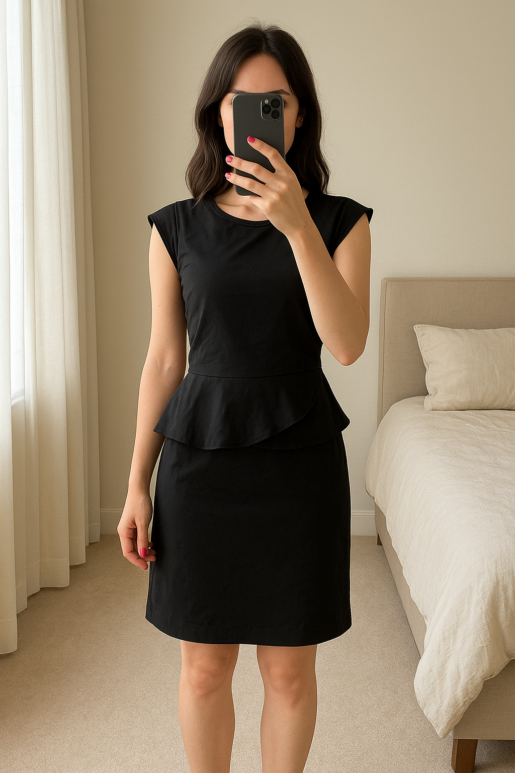 Beautiful Ted Baker black dress size 4 standing straight facing the camera, in a softly lit bedroom setting, with gentle natural light filtering through a window.