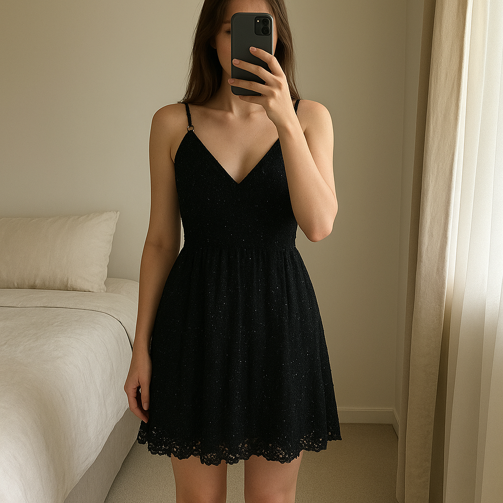 Maje black mini dress standing straight facing the camera, in a softly lit bedroom setting, with gentle natural light filtering through a window.