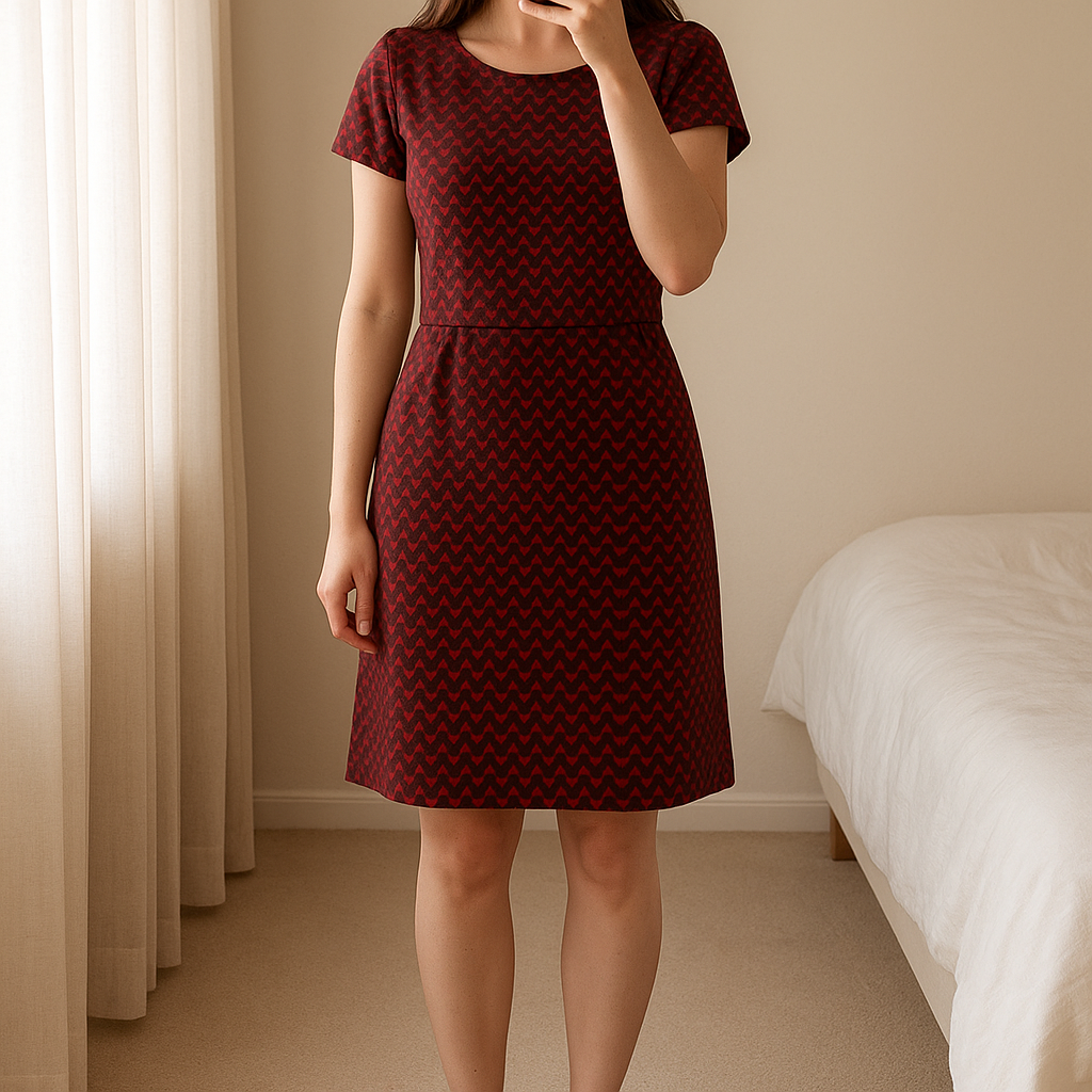 Magnifique robe taille M debout, face à la caméra, dans une chambre à la lumière douce, avec une lumière naturelle filtrant par la fenêtre.