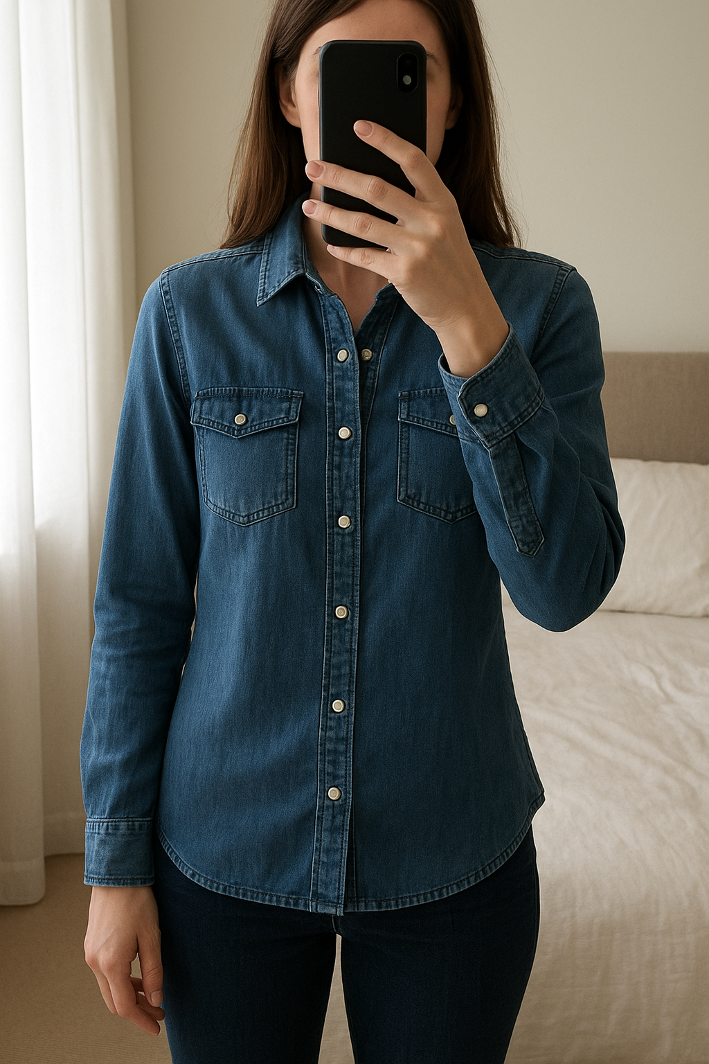 Chemise en jean debout, face à la caméra, dans une chambre à la lumière douce, avec une lumière naturelle filtrant par la fenêtre.