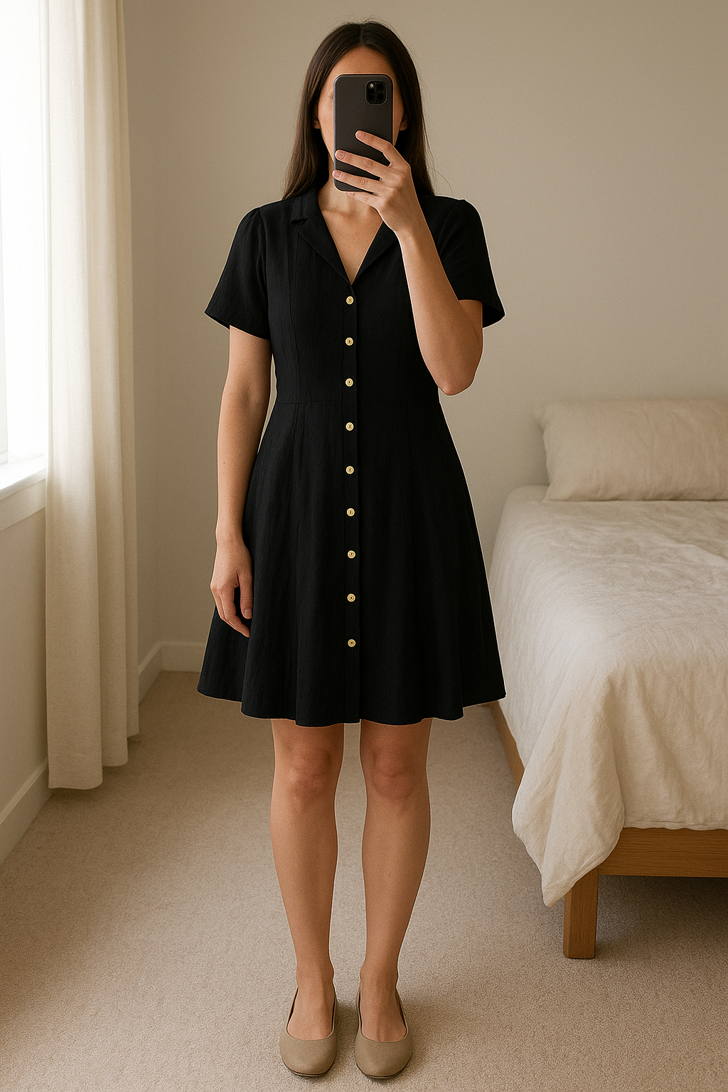 Robe chemise noir manche courte H&M taille M 38 neuve debout, face à la caméra, dans une chambre à la lumière douce, avec une lumière naturelle filtrant par la fenêtre.