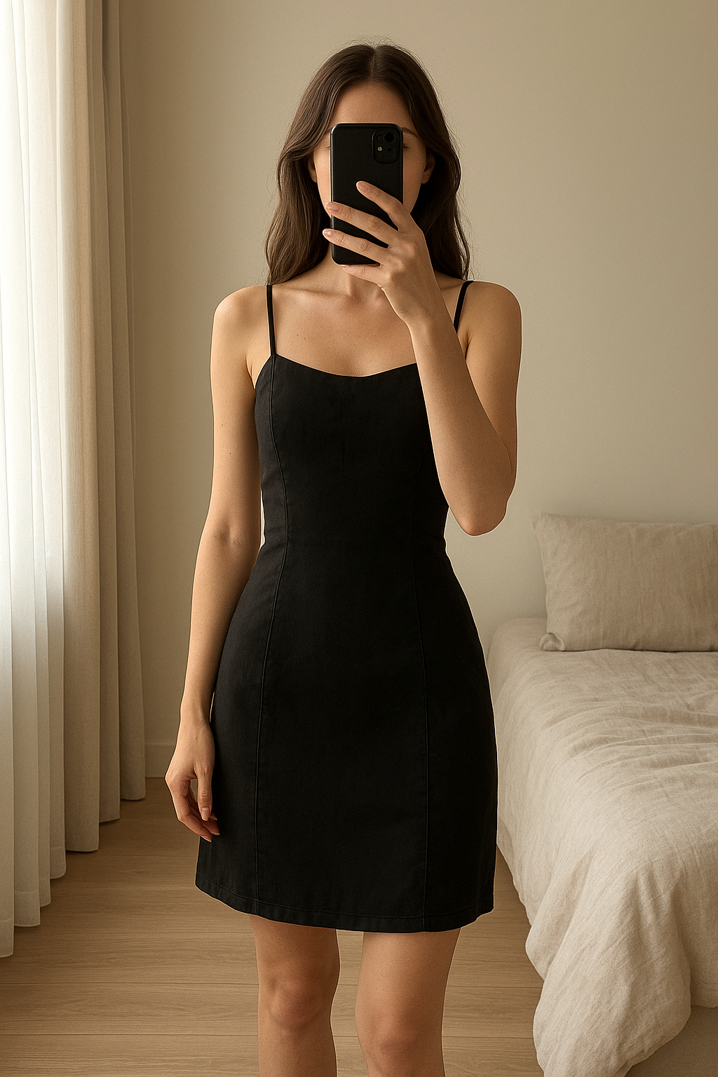 Robe jeans h&m taille 38 debout, face à la caméra, dans une chambre à la lumière douce, avec une lumière naturelle filtrant par la fenêtre.