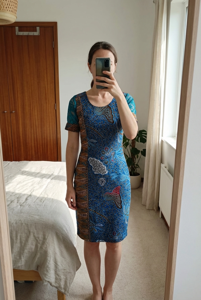 Traumkleid Maßgeschneidert aus Ghana Größe 32/34 aufrecht stehend, der Kamera zugewandt, in einem sanft beleuchteten Schlafzimmer, mit natürlichem Licht, das durch ein Fenster fällt.