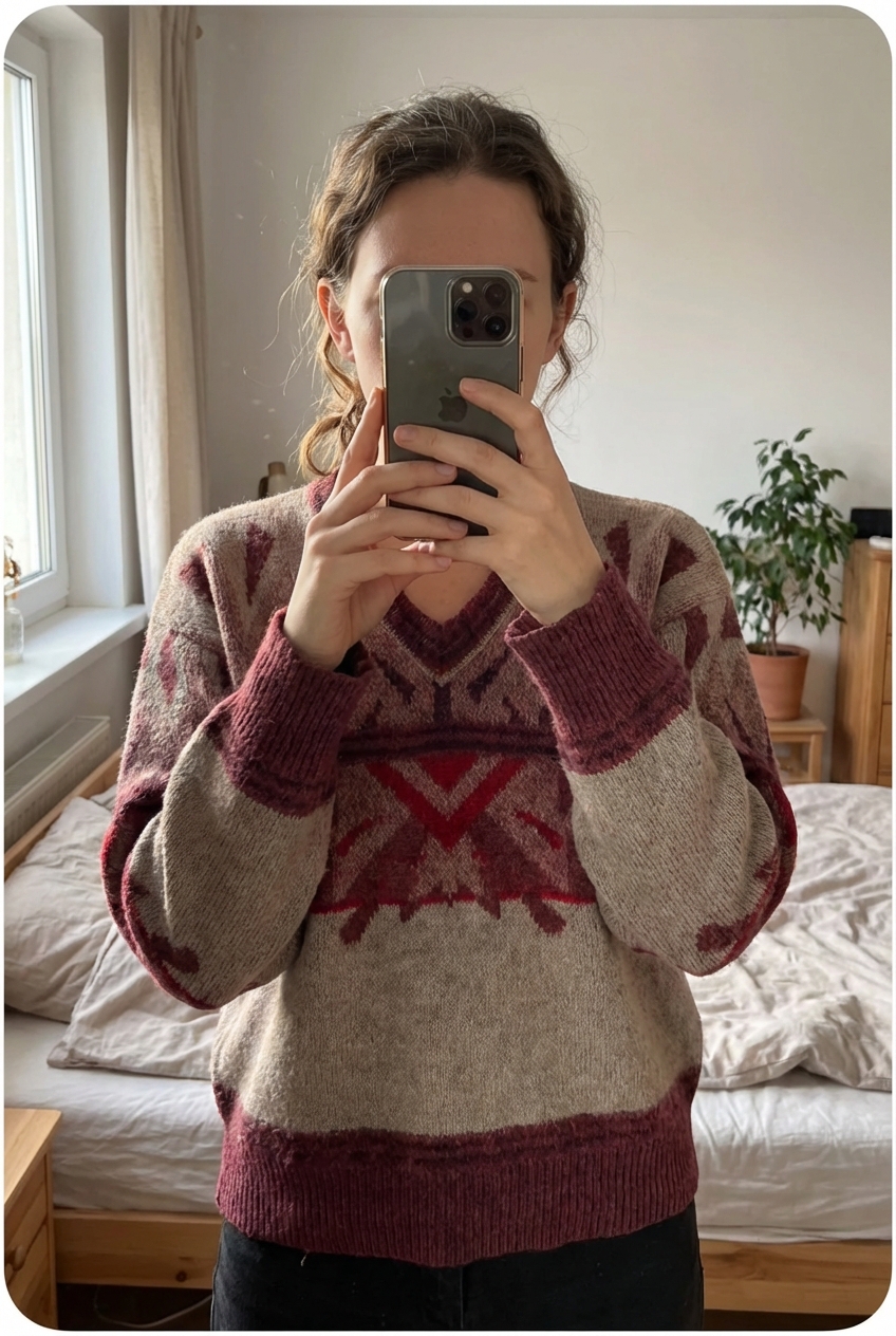 Pull d'Hiver Vintage Année 90 Wool 90'Sweater En Laine Bordeaux XL debout, face à la caméra, dans une chambre à la lumière douce, avec une lumière naturelle filtrant par la fenêtre.