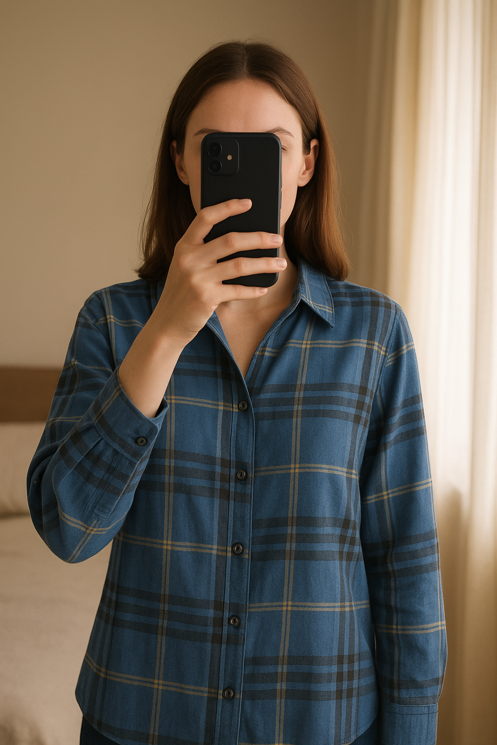 New look check shirt size 18 brand new with tags royal blue black and white standing straight facing the camera, in a softly lit bedroom setting, with gentle natural light filtering through a window.