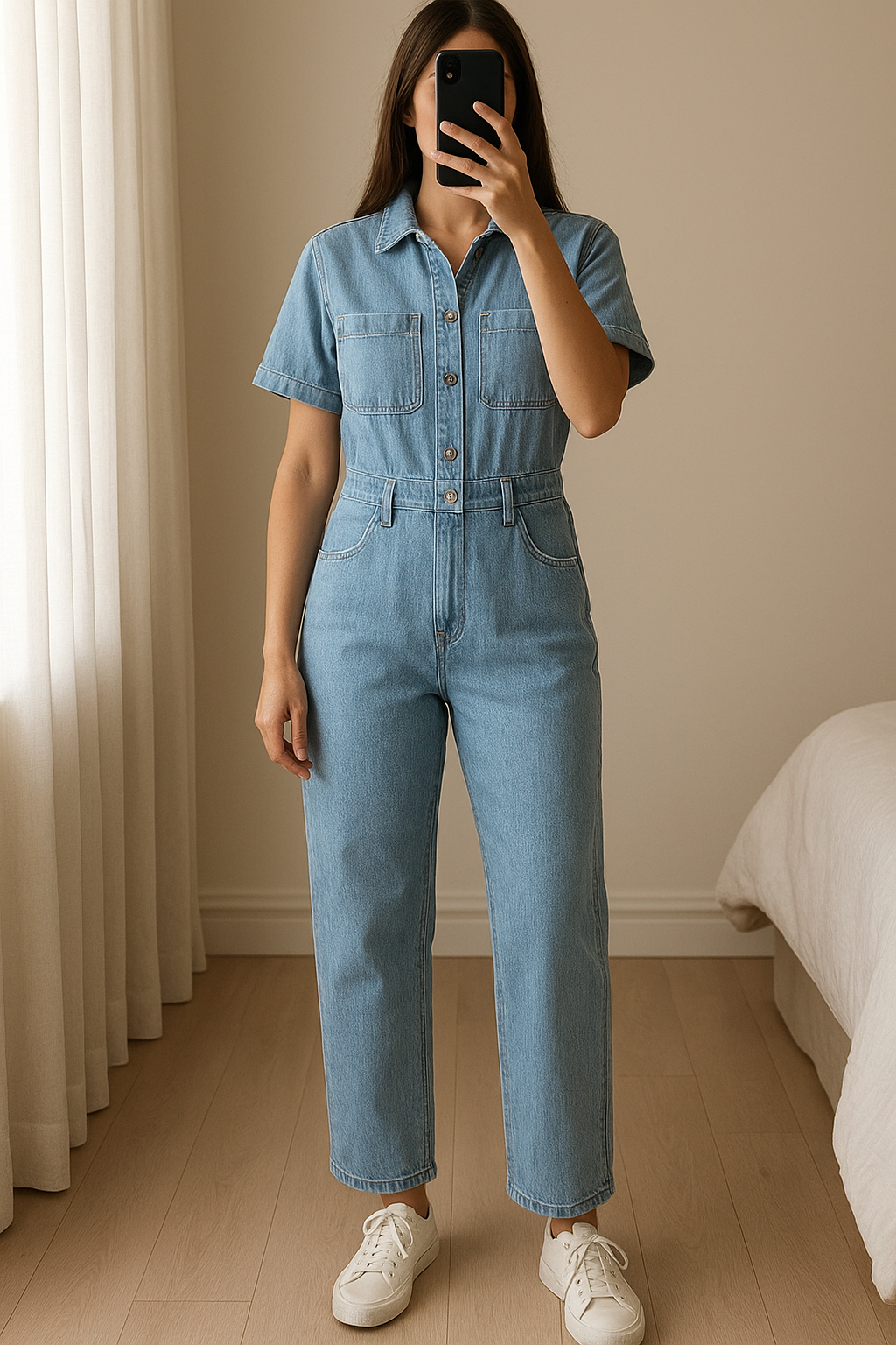 Combinaison en jeans Mango taille xs debout, face à la caméra, dans une chambre à la lumière douce, avec une lumière naturelle filtrant par la fenêtre.