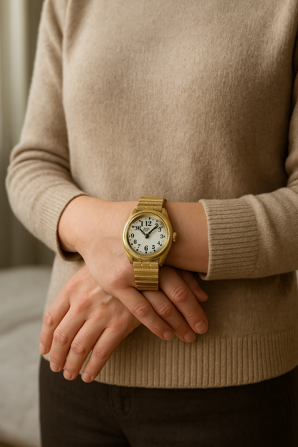 Montre Swatch debout, face à la caméra, dans une chambre à la lumière douce, avec une lumière naturelle filtrant par la fenêtre.