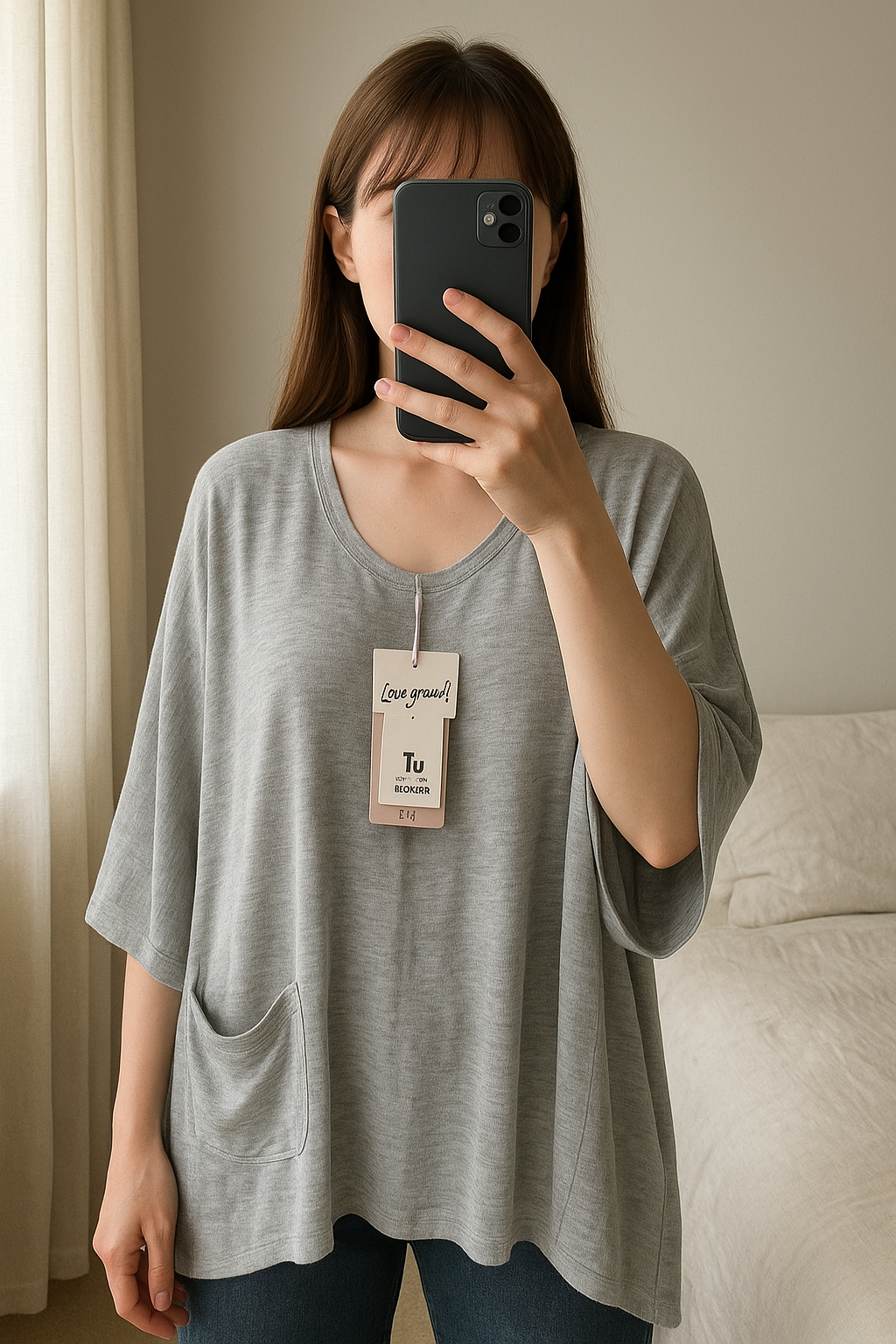 Loungewear standing straight facing the camera, in a softly lit bedroom setting, with gentle natural light filtering through a window.