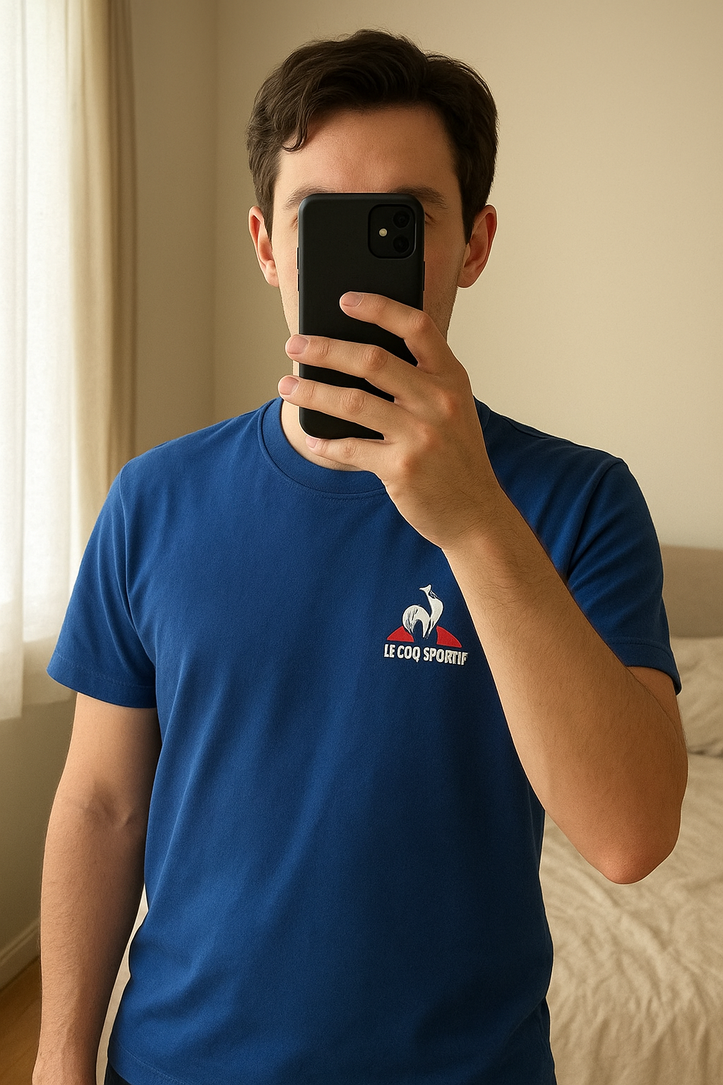 T-shirt Le coq sportif debout, face à la caméra, dans une chambre à la lumière douce, avec une lumière naturelle filtrant par la fenêtre.