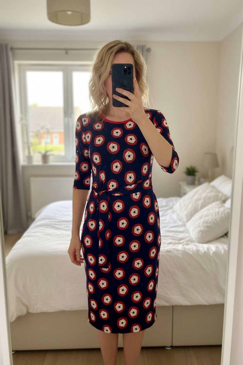 Autograph Navy Dress UK 14 Midi Geometric Print Waist Detail Belted Retro Quiet luxury standing straight facing the camera, in a softly lit bedroom setting, with gentle natural light filtering through a window.