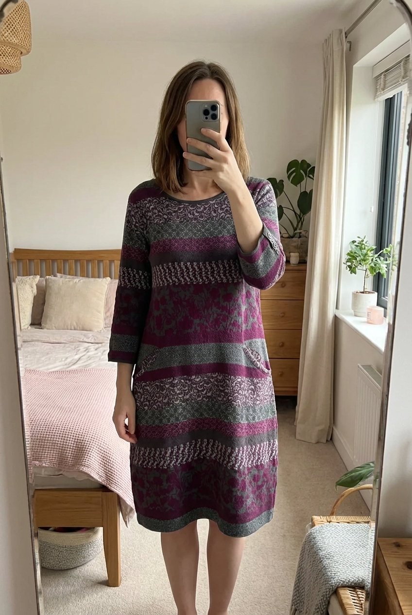 White Stuff jumper dress size 14 standing straight facing the camera, in a softly lit bedroom setting, with gentle natural light filtering through a window.