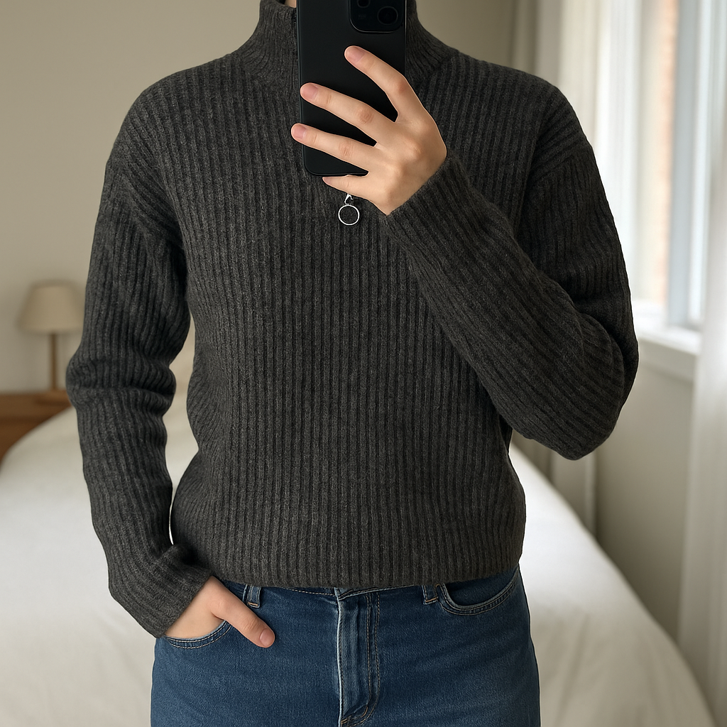 Pull en laine Ardene debout, face à la caméra, dans une chambre à la lumière douce, avec une lumière naturelle filtrant par la fenêtre.