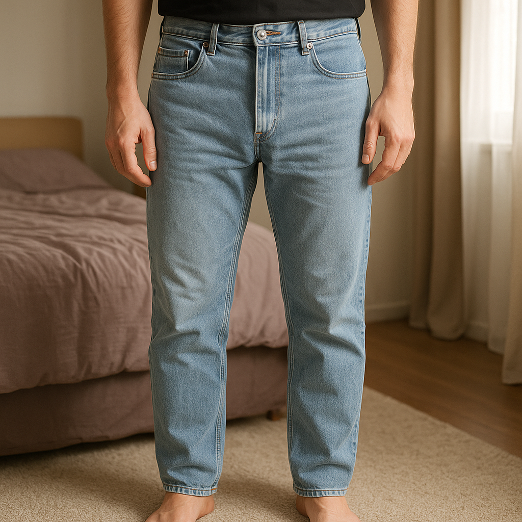 Jean Pull and Bear debout, face à la caméra, dans une chambre à la lumière douce, avec une lumière naturelle filtrant par la fenêtre.