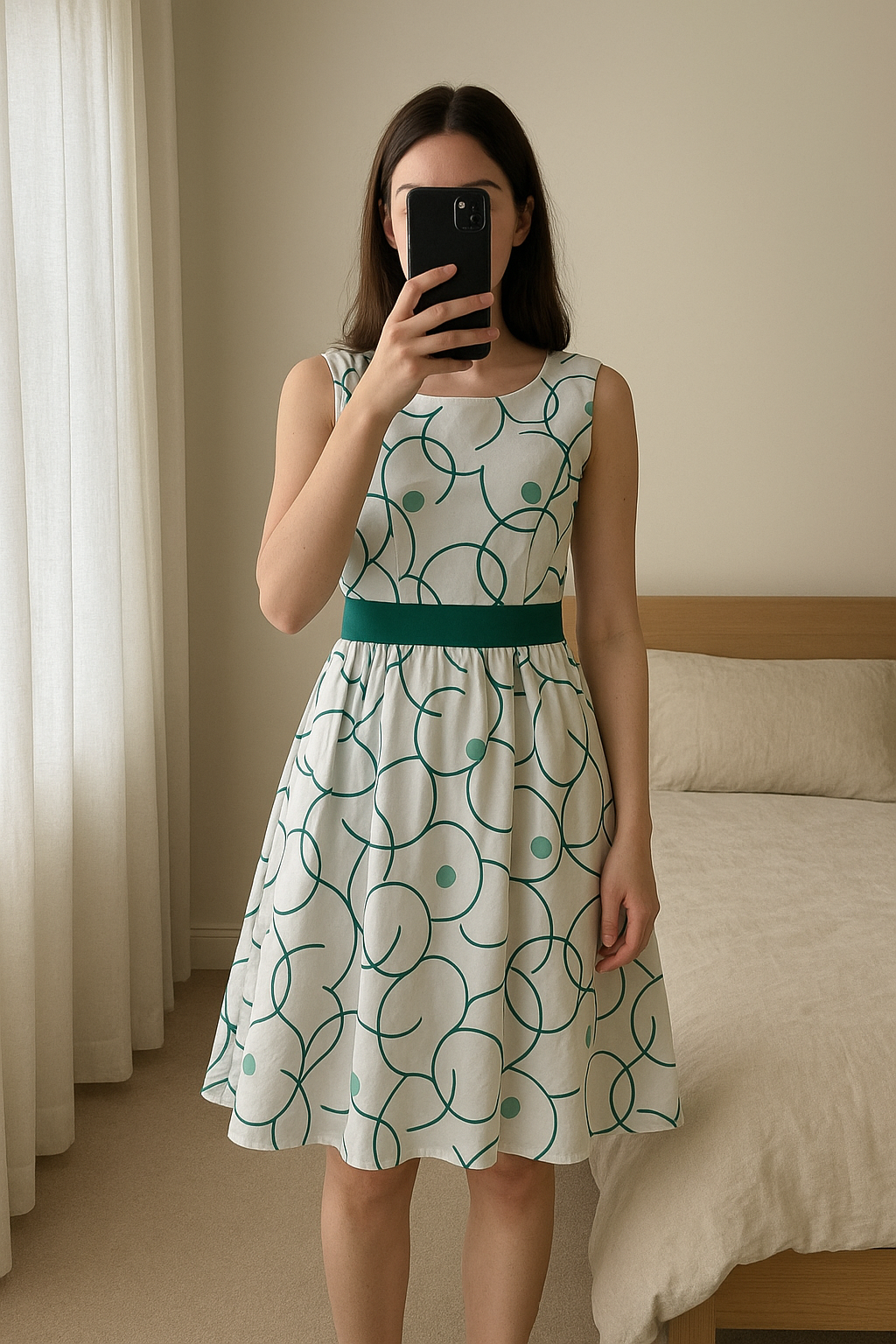 Robe cérémonie okaidi debout, face à la caméra, dans une chambre à la lumière douce, avec une lumière naturelle filtrant par la fenêtre.