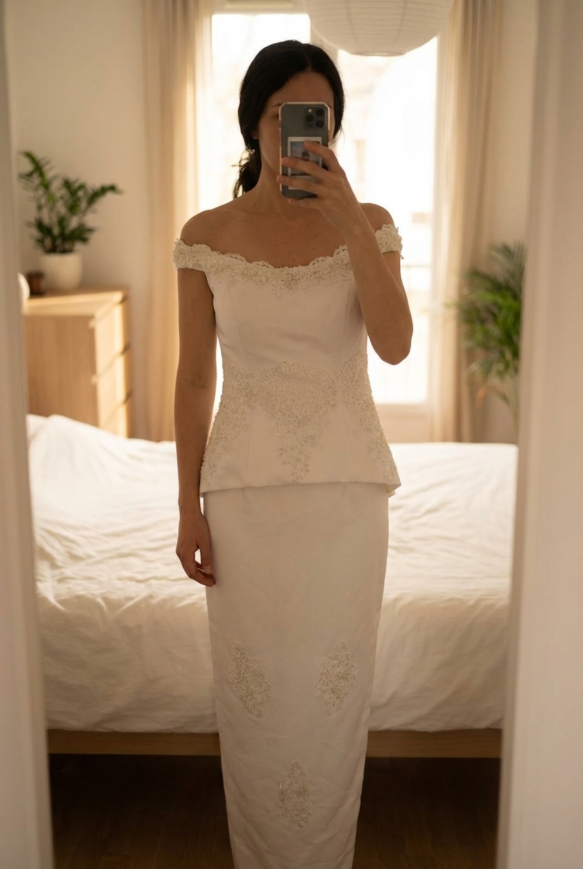 Ensemble mariage debout, face à la caméra, dans une chambre à la lumière douce, avec une lumière naturelle filtrant par la fenêtre.