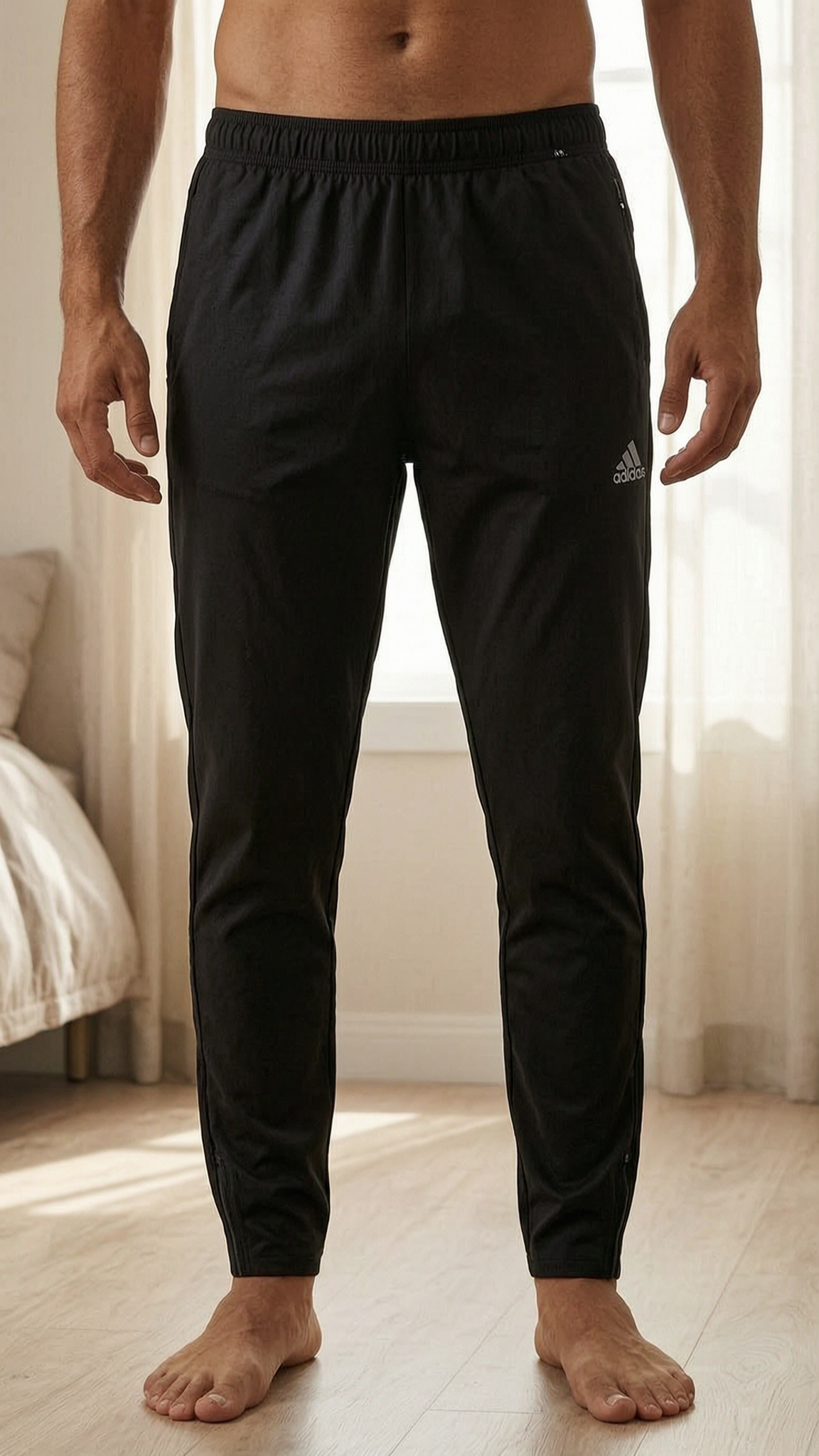 A person in Adidas - Tracksuit Bottoms - Black - M standing straight facing the camera, in a softly lit bedroom setting, with gentle natural light filtering through a window.