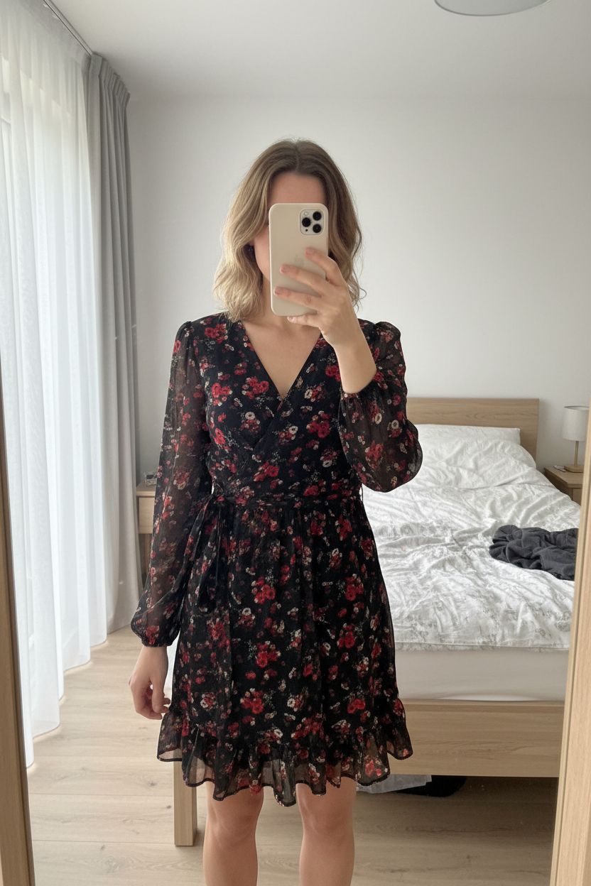 Robe manches longues transparentes M debout, face à la caméra, dans une chambre à la lumière douce, avec une lumière naturelle filtrant par la fenêtre.