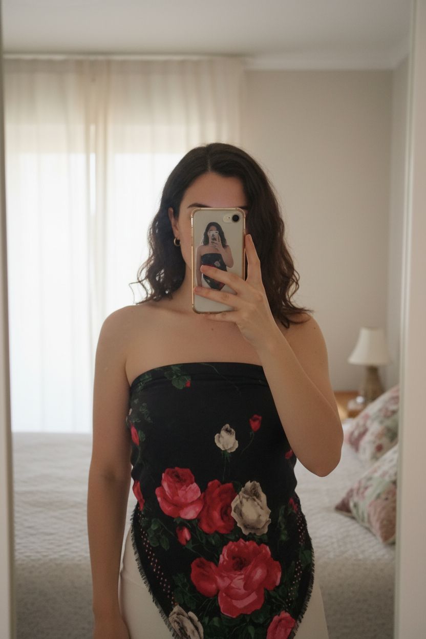 Une personne en Foulard Kenzo Tango 120x120cm debout, face à la caméra, dans une chambre à la lumière douce, avec une lumière naturelle filtrant par la fenêtre.