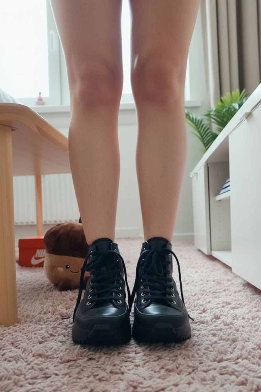 Une personne en Converse Run Star Hike Hi Triple Cuir debout, face à la caméra, avec une silhouette légèrement plus ronde, dans une chambre à la lumière douce, avec une lumière naturelle filtrant par la fenêtre.