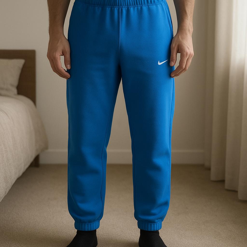 Jogging Nike Solo Swoosh - NEUF avec étiquette debout, face à la caméra, dans une chambre à la lumière douce, avec une lumière naturelle filtrant par la fenêtre.