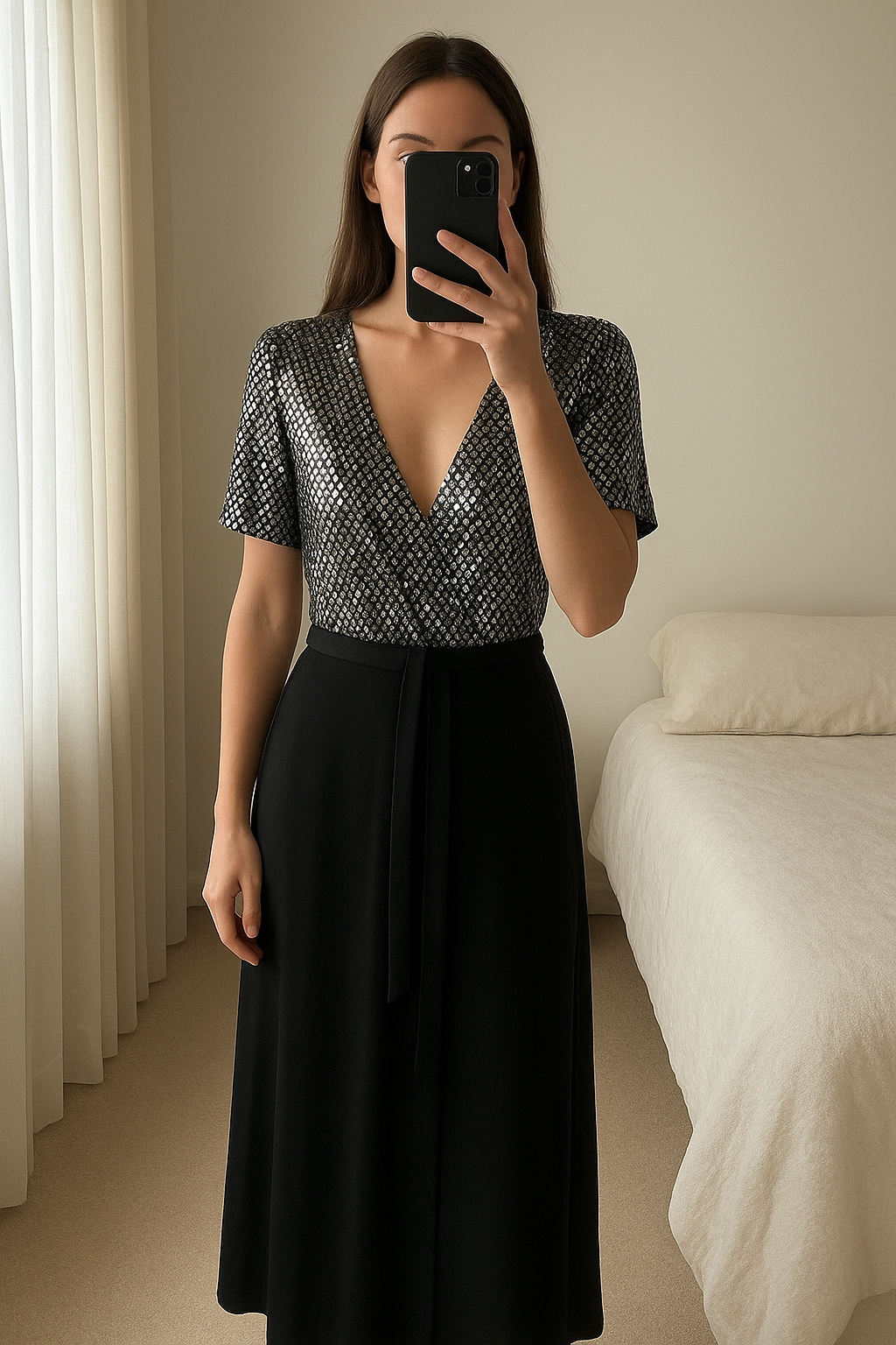 Size 8 stunning black silver jumpsuit wide leg brand new standing straight facing the camera, in a softly lit bedroom setting, with gentle natural light filtering through a window.