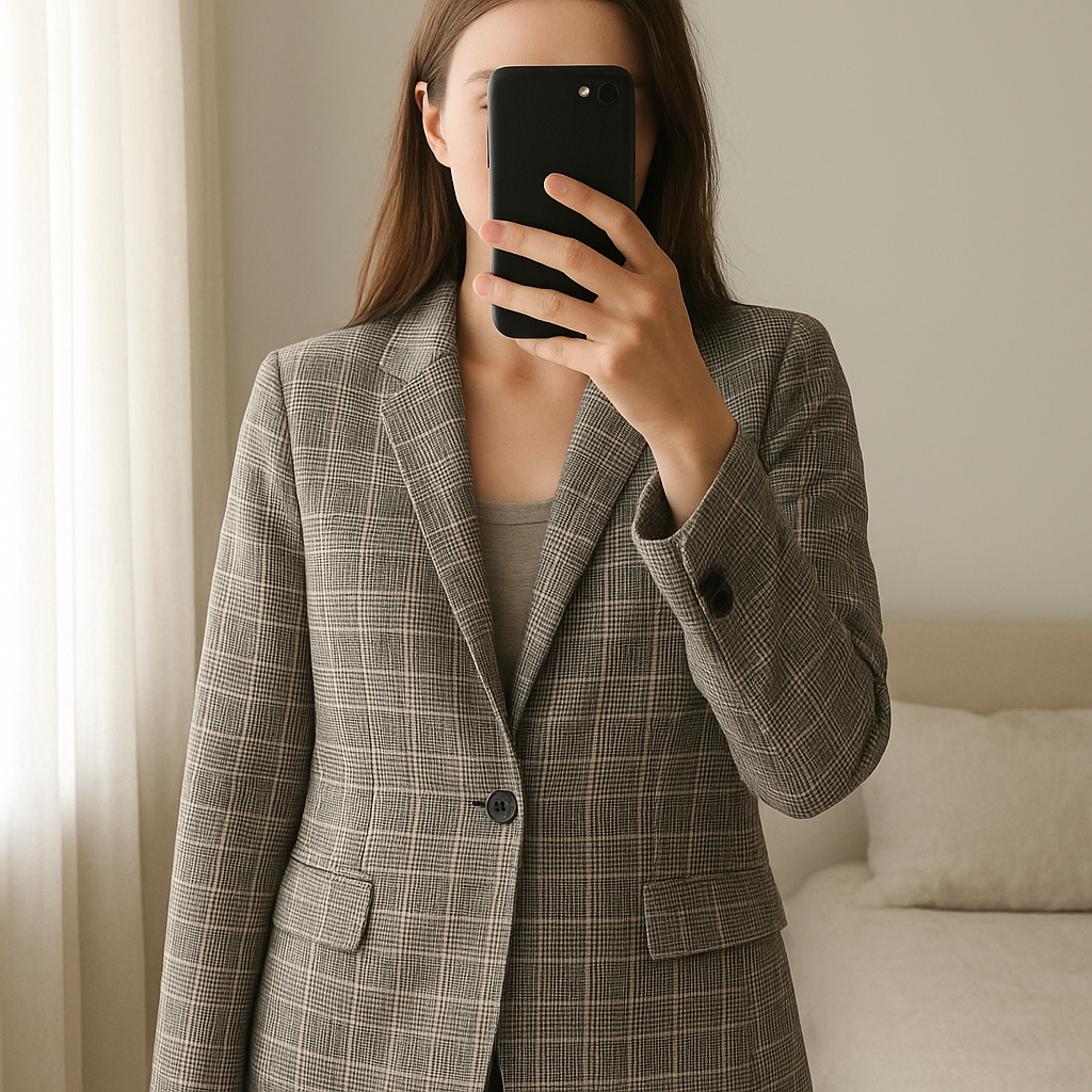 Une personne en Blazer J. De Yong Taille S debout, face à la caméra, dans une chambre à la lumière douce, avec une lumière naturelle filtrant par la fenêtre.