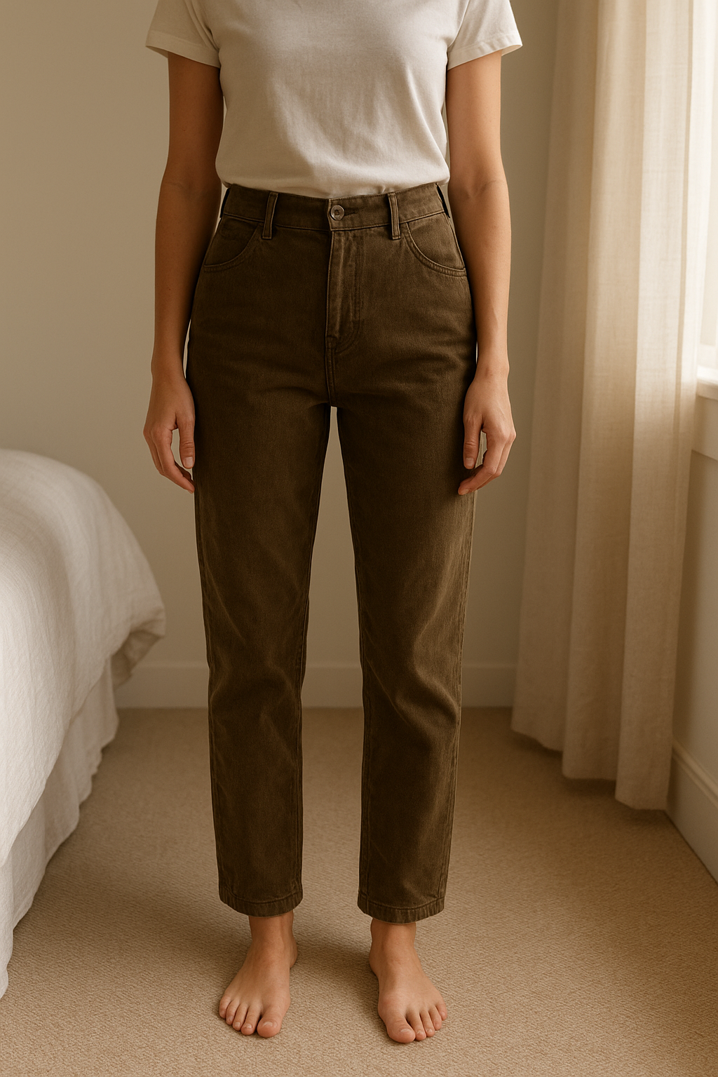 Pantalon Madonna debout, face à la caméra, dans une chambre à la lumière douce, avec une lumière naturelle filtrant par la fenêtre.