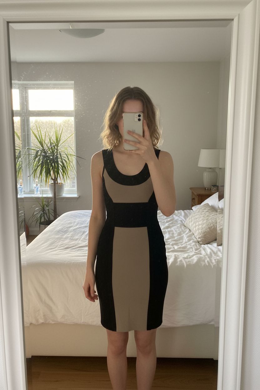 Robe noire et camel BCBG Max Azria taille S debout, face à la caméra, dans une chambre à la lumière douce, avec une lumière naturelle filtrant par la fenêtre.