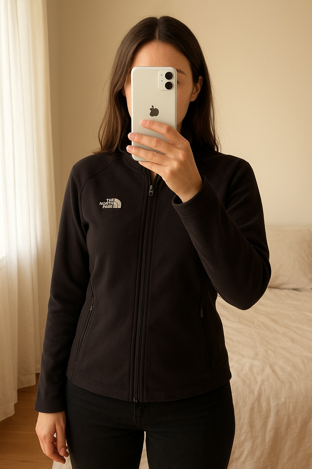 Veste The North Face Femme debout, face à la caméra, dans une chambre à la lumière douce, avec une lumière naturelle filtrant par la fenêtre.
