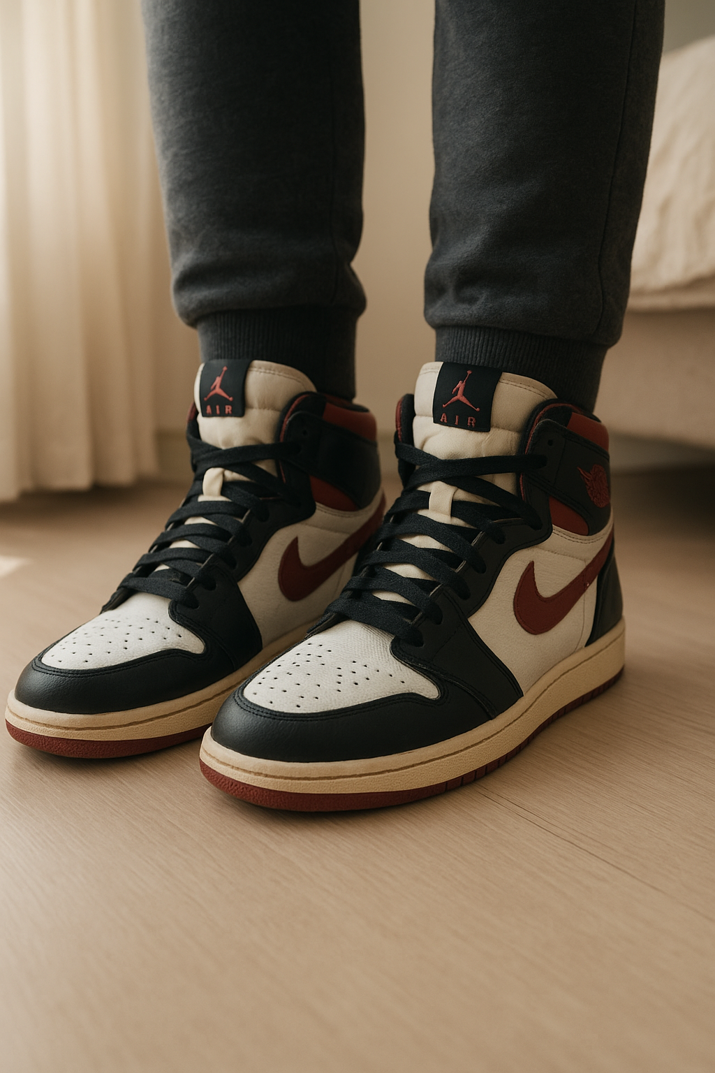 Air Jordan 1 Mid debout, face à la caméra, dans une chambre à la lumière douce, avec une lumière naturelle filtrant par la fenêtre.