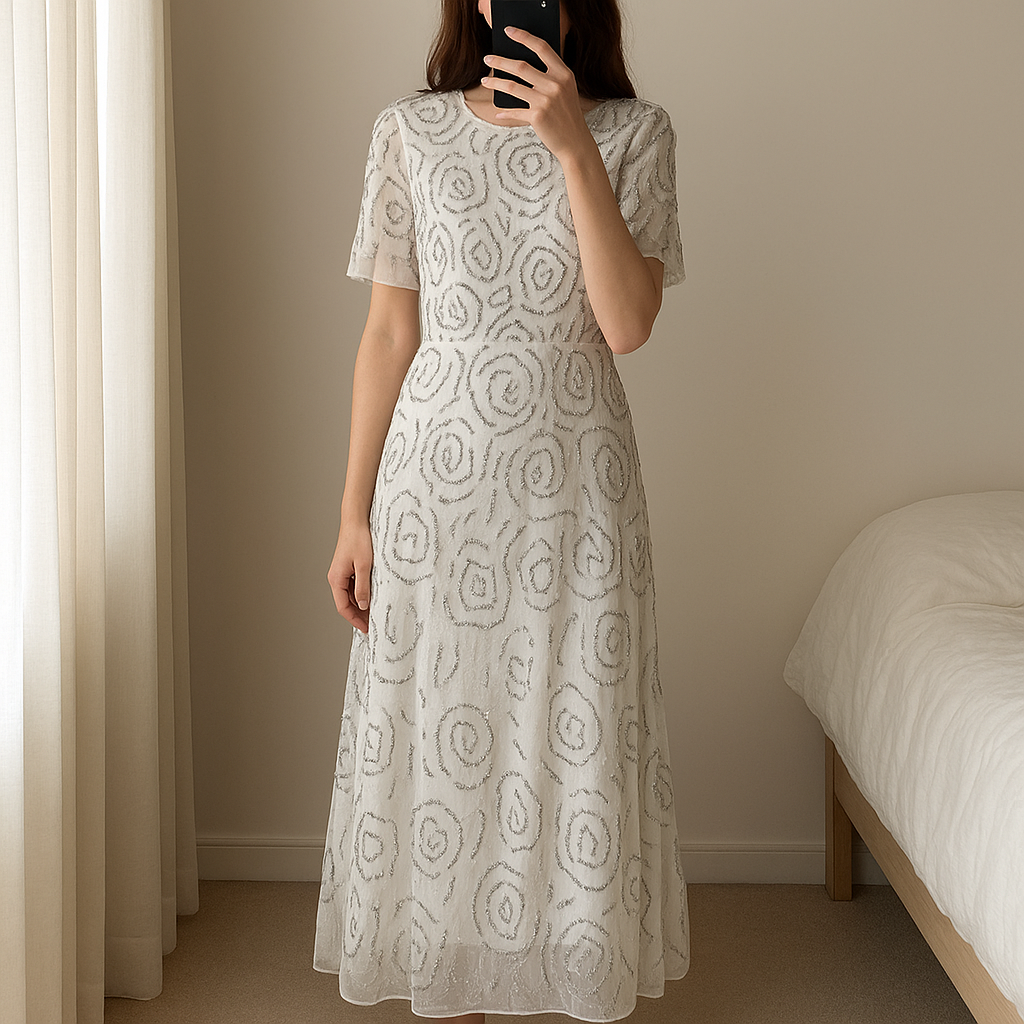 Coast Embellished Tulle Maxi Dress – UK 10 BNWT standing straight facing the camera, in a softly lit bedroom setting, with gentle natural light filtering through a window.