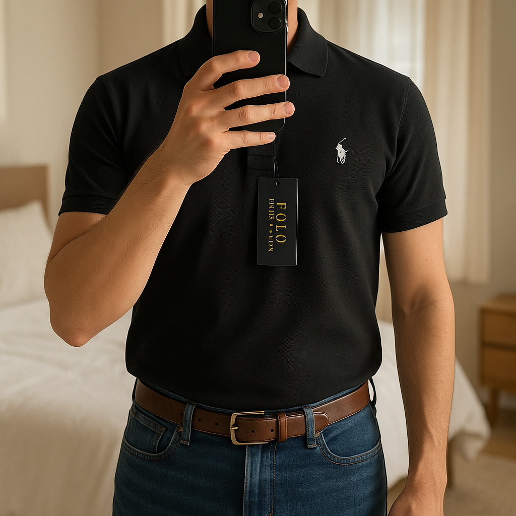 Ralph lauren polo Taille L debout, face à la caméra, dans une chambre à la lumière douce, avec une lumière naturelle filtrant par la fenêtre.