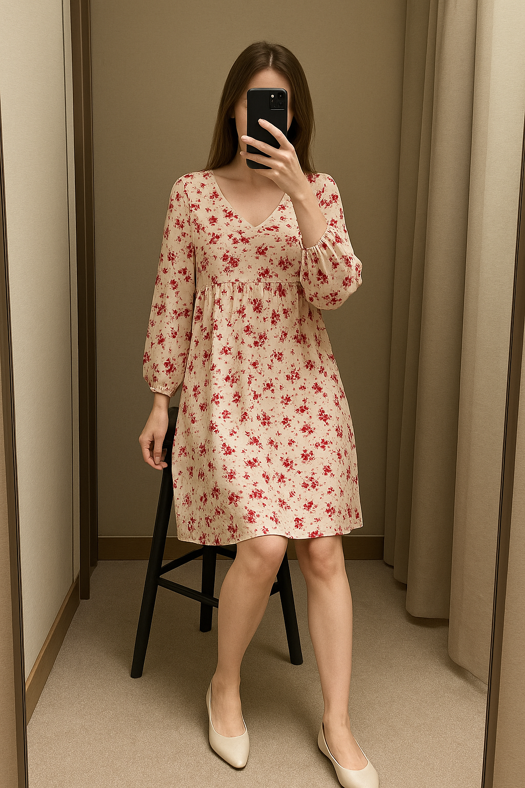 Une personne en robe fleurie assis sur une chaise haute, avec une posture détendue, avec une silhouette fine, dans une cabine d’essayage de style boutique avec un miroir et une décoration neutre.