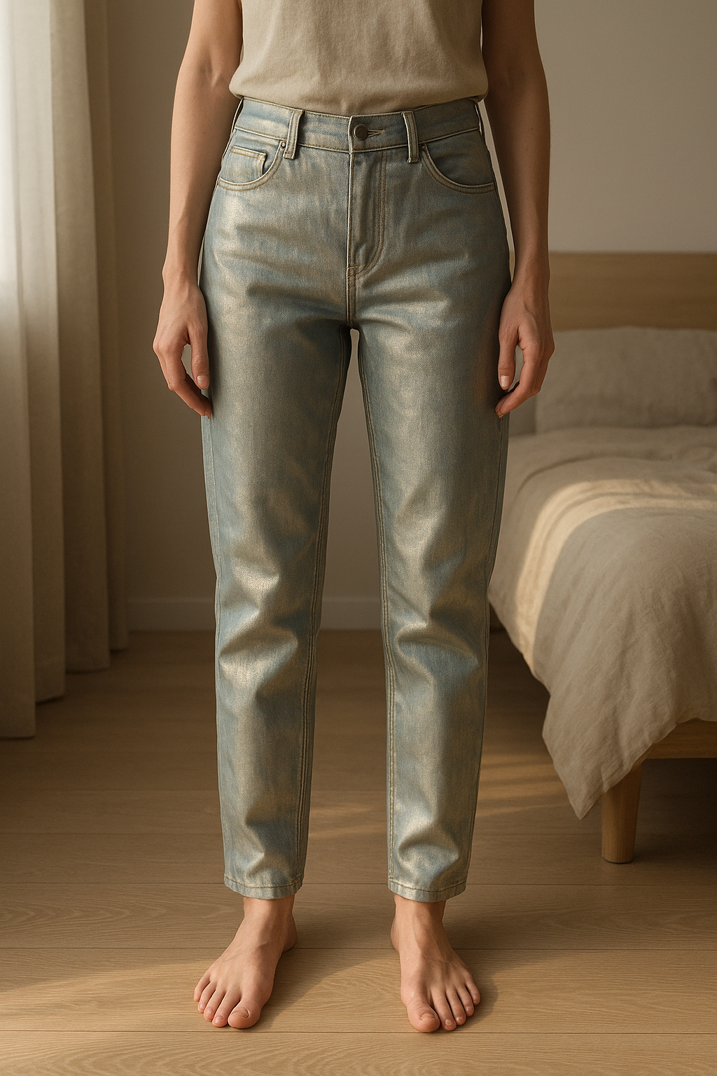 Jean Topshop argenté debout, face à la caméra, dans une chambre à la lumière douce, avec une lumière naturelle filtrant par la fenêtre.