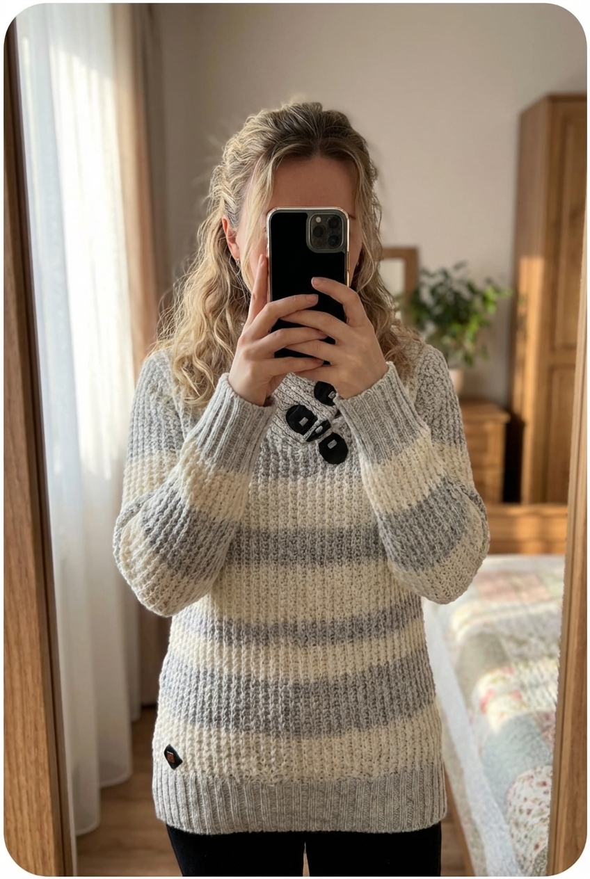 Pull Fait Main Tricot Aran Wool Sweater 50% Laine Blanc gris Aran Crafts XL debout, face à la caméra, dans une chambre à la lumière douce, avec une lumière naturelle filtrant par la fenêtre.