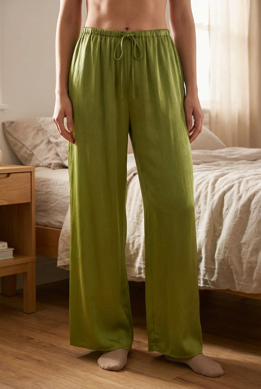 Green satin trousers standing straight facing the camera, in a softly lit bedroom setting, with gentle natural light filtering through a window.