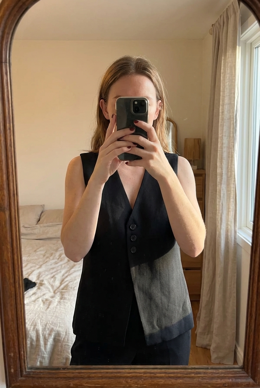 COS linen blend waistcoat standing straight facing the camera, in a softly lit bedroom setting, with gentle natural light filtering through a window.