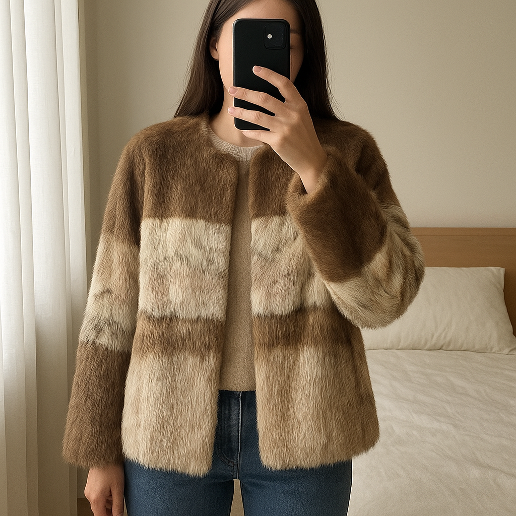 Manteau Zara T36 debout, face à la caméra, dans une chambre à la lumière douce, avec une lumière naturelle filtrant par la fenêtre.