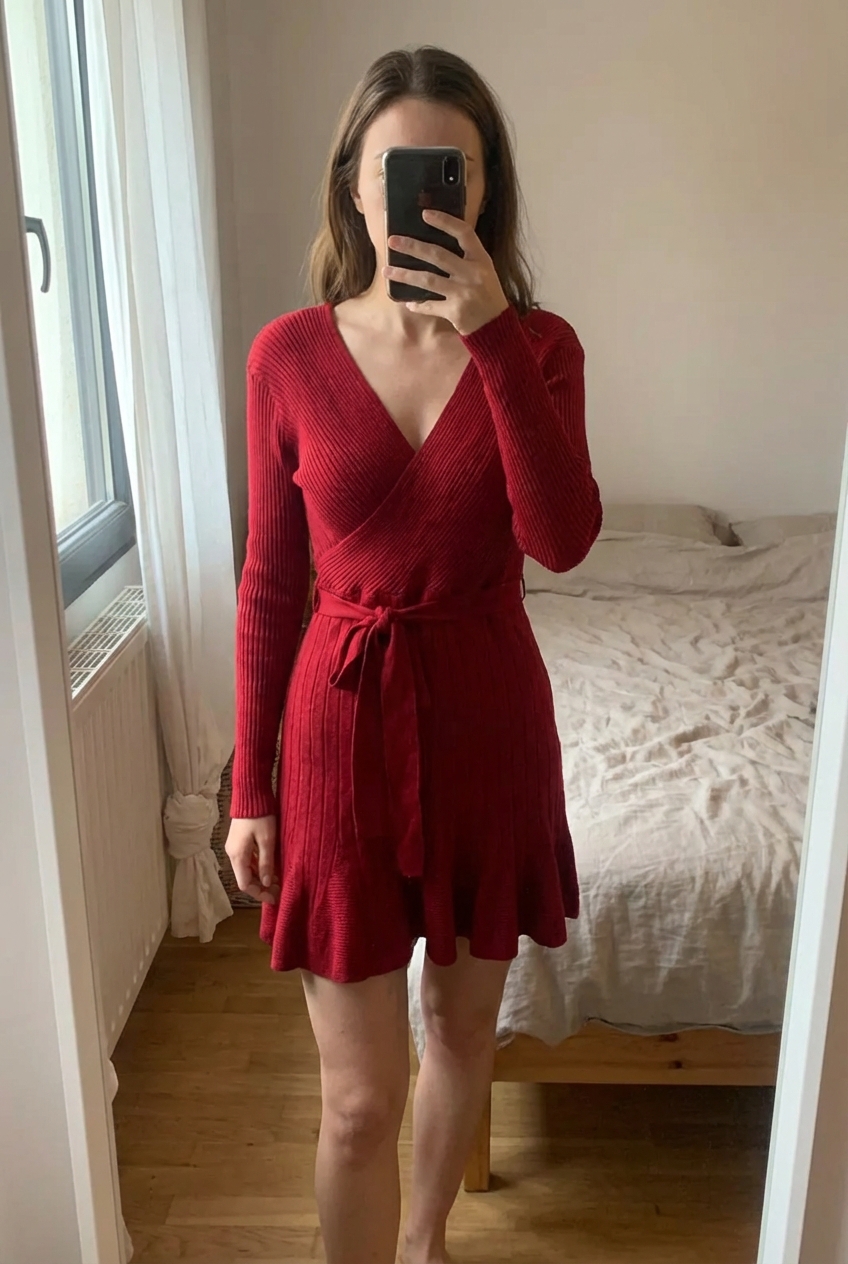 Robe rouge en laine femme s debout, face à la caméra, dans une chambre à la lumière douce, avec une lumière naturelle filtrant par la fenêtre.