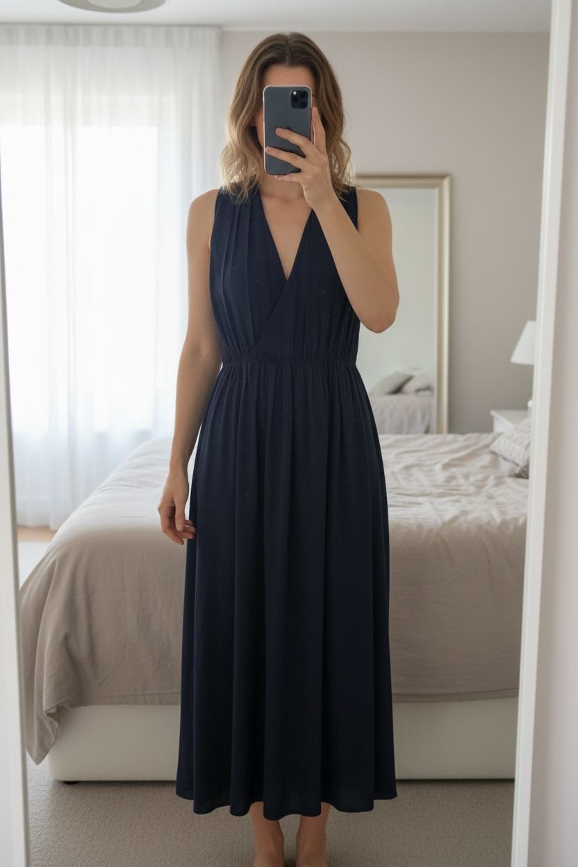 Robe Molly Bracken bleu marine debout, face à la caméra, dans une chambre à la lumière douce, avec une lumière naturelle filtrant par la fenêtre.