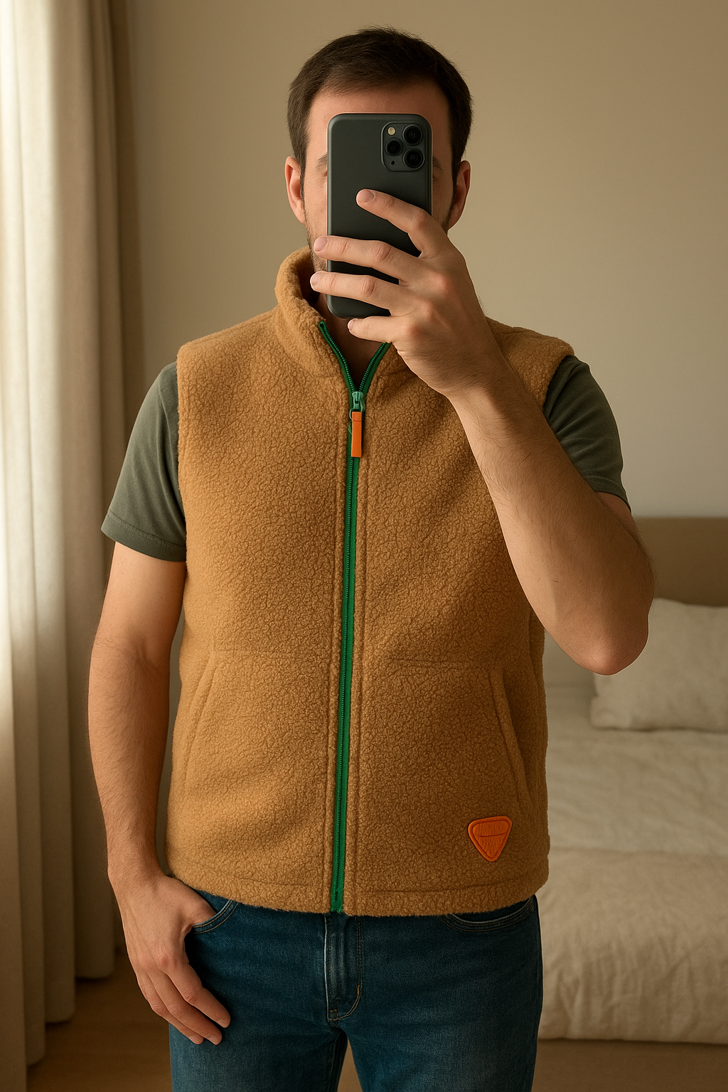 veste gertrude réversible debout, face à la caméra, dans une chambre à la lumière douce, avec une lumière naturelle filtrant par la fenêtre.