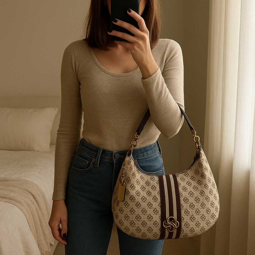 Sac Hobo souple en coton monogrammé Beige Marron - Guess debout, face à la caméra, dans une chambre à la lumière douce, avec une lumière naturelle filtrant par la fenêtre.