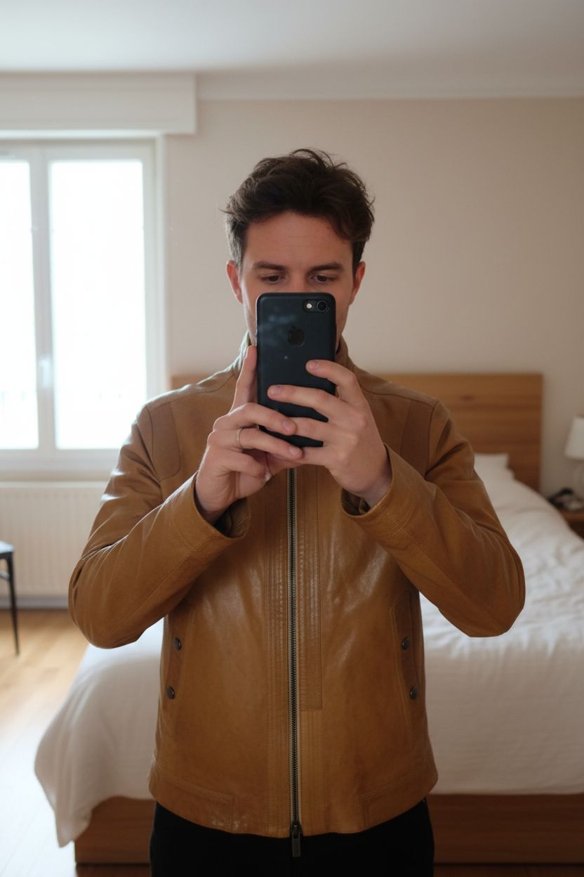 Une personne en Blouson Kenzo Homme L cuir camel debout, face à la caméra, dans une chambre à la lumière douce, avec une lumière naturelle filtrant par la fenêtre.