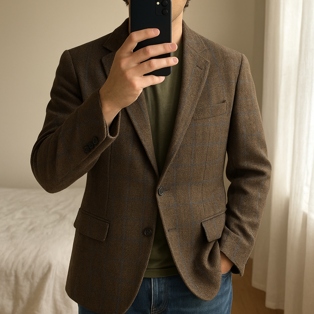 Magee Olympic Wool/Cashmere Blend Brown/Olive Tweed Herringbone Sports Jacket - 44Reg standing straight facing the camera, in a softly lit bedroom setting, with gentle natural light filtering through a window.