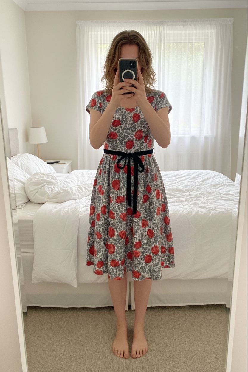 Run & Fly Floral Tea Dress UK 8 Red Black White Grey Vintage Style Belted Flared Skirt Cottagecore standing straight facing the camera, in a softly lit bedroom setting, with gentle natural light filtering through a window.