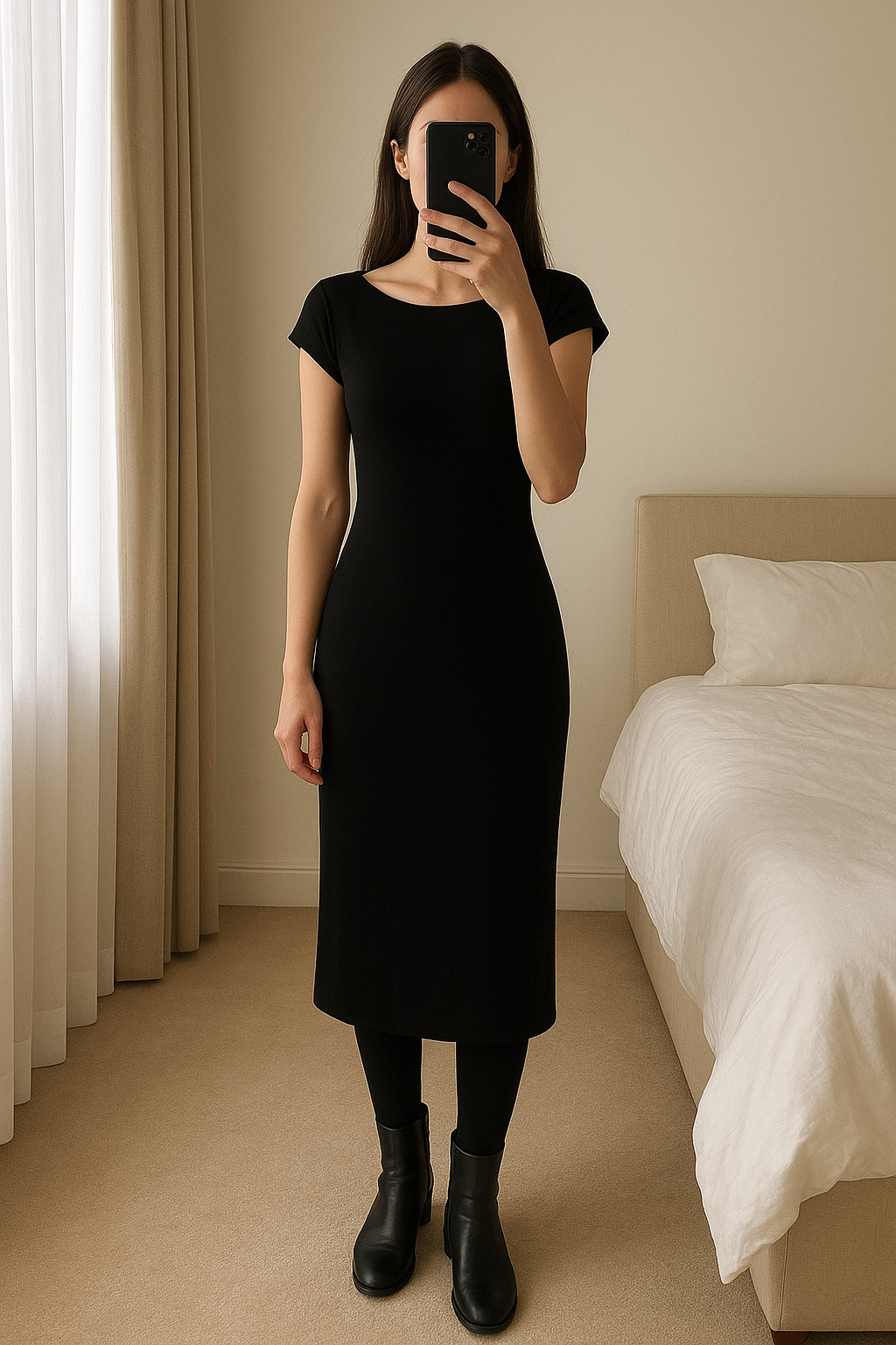 Robe, longue Zara debout, face à la caméra, dans une chambre à la lumière douce, avec une lumière naturelle filtrant par la fenêtre.