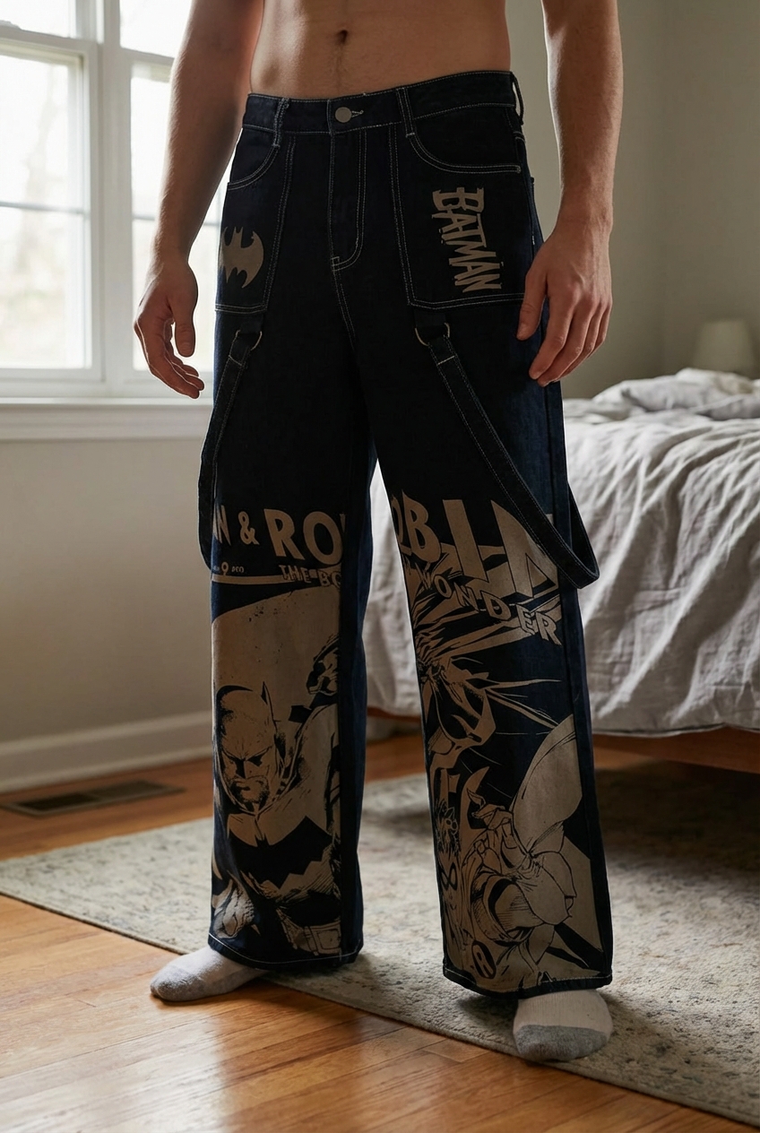 Jean Y2K Style Jnco Batman & Robin Oversize Grunge Années 2000 Taille M de pie, mirando a la cámara, en un dormitorio con luz suave y natural filtrándose por la ventana.