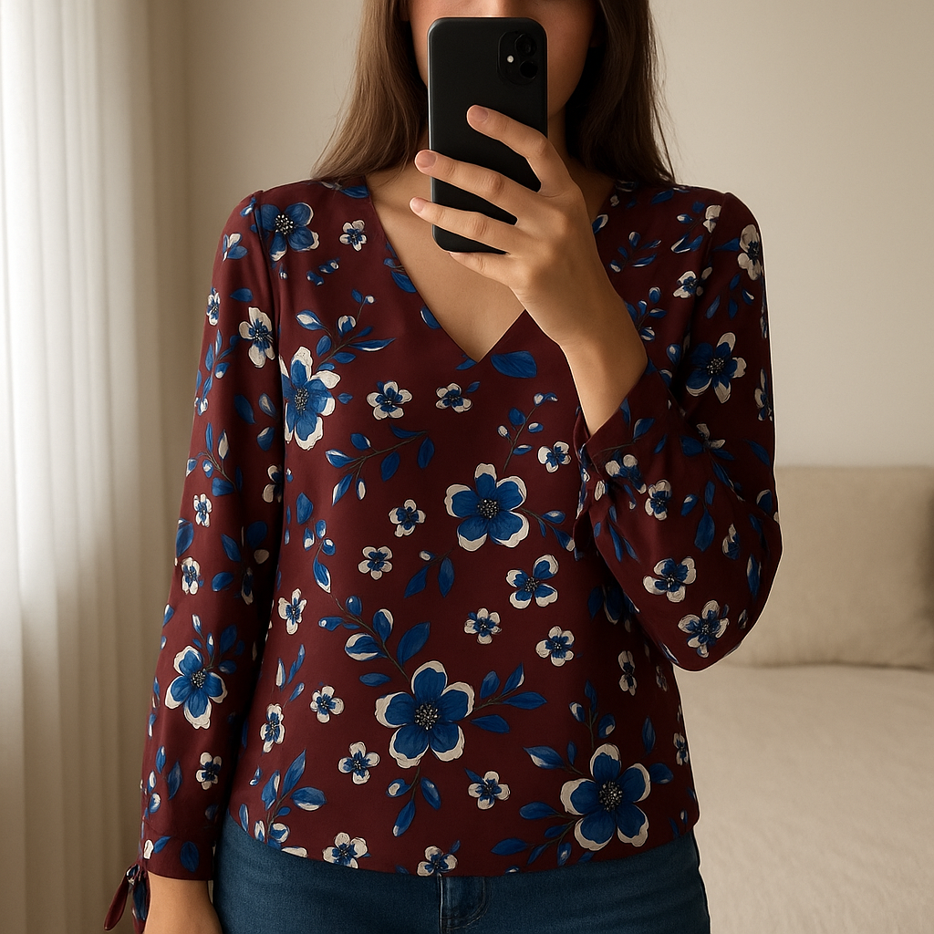 Bluse Tunika Dunkelrot Burgundy Banana Repuplic Small 36 aufrecht stehend, der Kamera zugewandt, in einem sanft beleuchteten Schlafzimmer, mit natürlichem Licht, das durch ein Fenster fällt.