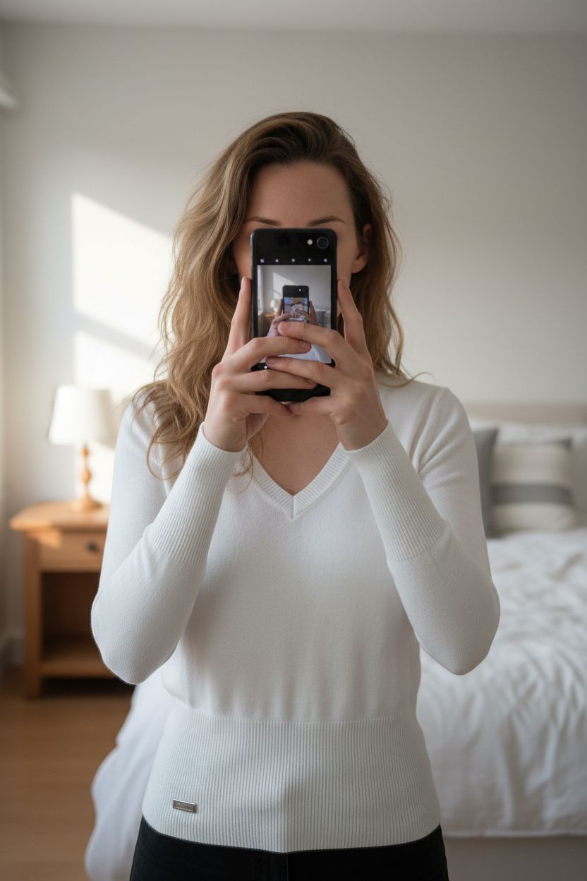 Vero Moda Pullover Gr. M Weiß V-Neck Strick NEU aufrecht stehend, der Kamera zugewandt, in einem sanft beleuchteten Schlafzimmer, mit natürlichem Licht, das durch ein Fenster fällt.