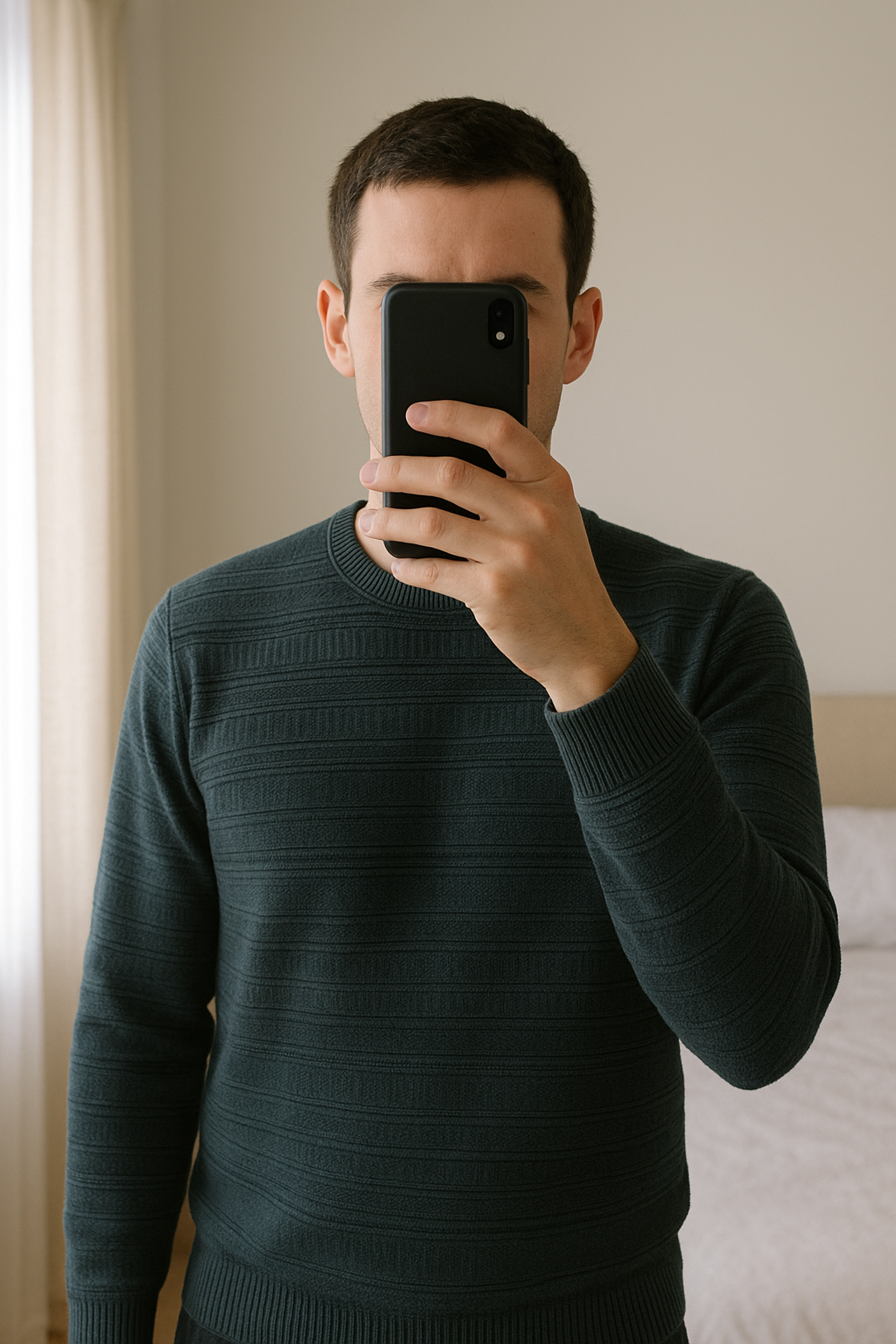 Pull col rond debout, face à la caméra, dans une chambre à la lumière douce, avec une lumière naturelle filtrant par la fenêtre.